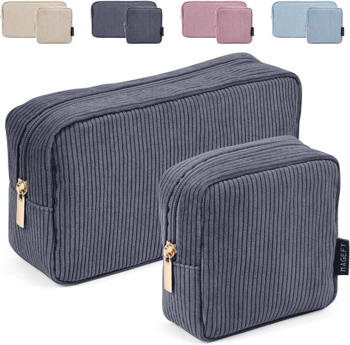 MAGEFY Makeup Bag 2 Pcs Corduroy Cosmetic Bag Mini Big Makeup Bags for Women Travel Pouch with Slip-in Pockets Eco?Black?...