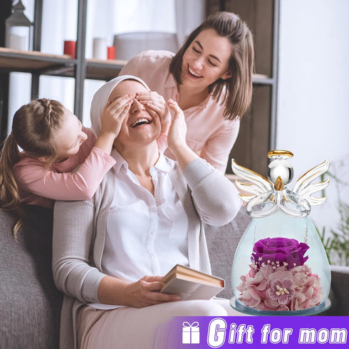 ANLUNOB Preserved Rose Birthday Gifts for Women Mom Grandma Wife, Glass Angel Figurines Gifts with Pretty Purple Flowers for Anniversary Wedding...