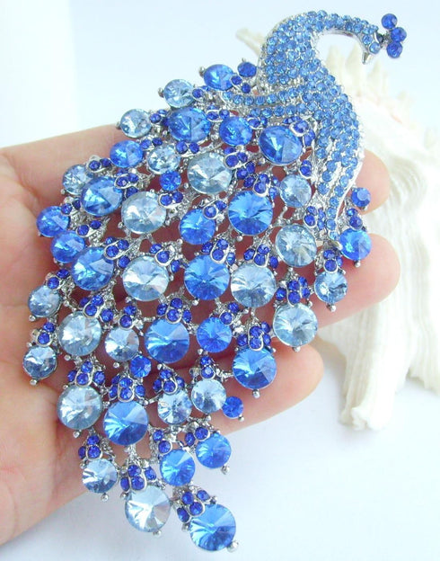 Sindary Pretty Bird 4.33" Peacock Brooch Pin Austrian Crystal BZ5651 (Silver-Tone Blue)...