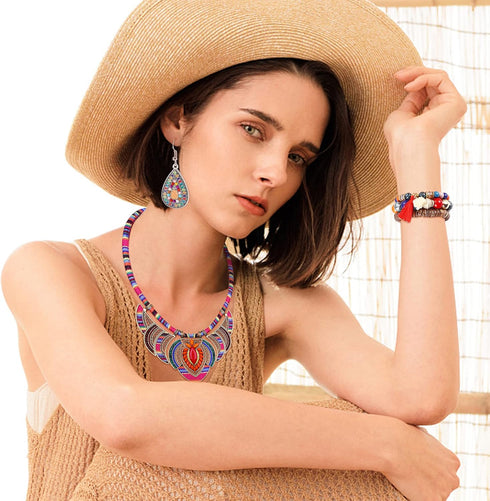 JeryWe 4 Pcs Bohemian Jewelry Set for Women Ethnic Style Costume Necklace Multilayer Boho Stretch Beaded Bracelet Vintage Boho Dangle Earrings, Cu...
