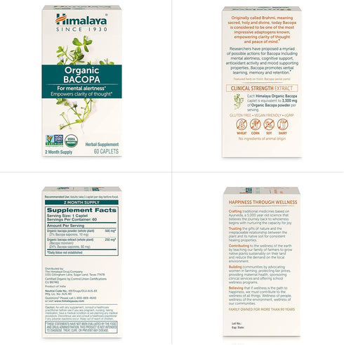 Himalaya Organic Bacopa Monnieri Nootropic Herbal Supplement, Supports Calm, Memory, Cognition, USDA Certified Organic, Non-GMO, 750 mg, 60 Plant-...