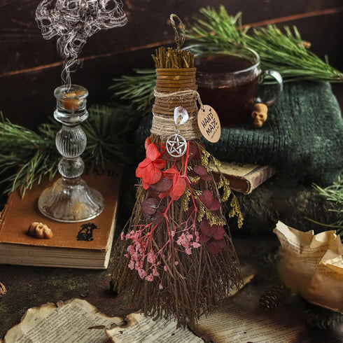 Cinnamon Broom 7.5" Witch Broom Handmade Natural Flower Crystal Witches Broom for Altar Cinnamon Broomstick Scented Herbal Protection Mini Broom A...