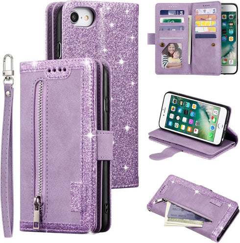 UEEBAI Wallet Case for iPhone SE 2022 5G/iPhone 7/iPhone 8/iPhone SE 2020, Retro 9 Card Slots Zipper Pocket Handbag PU Leather Magnetic Cover Wris...