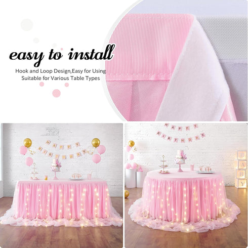 leegleri Pink Tulle Table Skirt for Baby Shower,6FT Pink Ruffle Tutu Table Skirt with LED Light for Princess Girls Birthday Party Cake Dessert Tab...