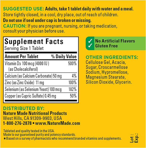 Nature Made Super Vitamin D Immune Complex, Vitamin D3, Selenium, Copper and Zinc Supplements for Immune Support, 70 Tablets, 70 Day Supply...