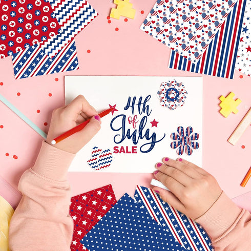 Whaline 60 Sheet 4th of July Pattern Paper Set 12 Designs A5 Size Patriotic Stars Stripes Fireworks Craft Paper Red Blue White Double-Sided Origam...