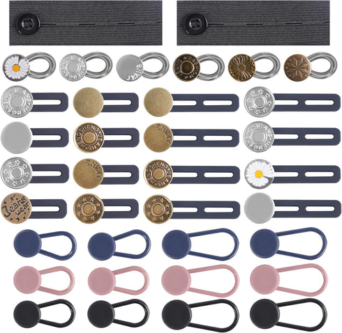 36 Pcs No-Sew Button Extenders for Jeans, Adjustable Pants Button Extender, Invisible Waistband Extenders with Fabric Belts and Zinc Alloy Buttons...
