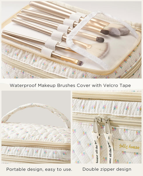 HBselect 2Pcs Double Layer Travel Makeup Bag Women, Cotton Quilted Makeup Bag Coquette Makeup Bag Large Travel Cosmetic Bag Aesthetic Cute Kawaii ...