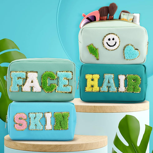 4 Pcs Chenille Bag Preppy Patch Makeup Bag Cosmetic Bag Chenille Letters Toiletry Bag PU Leather Waterproof Portable Pouch Travel Organizer (Blue,...