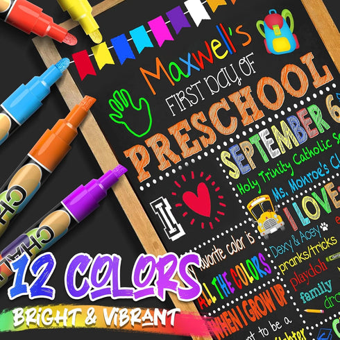 12 Liquid Chalk Markers Erasable Chalk Pens - Window Markers for Glass Washable, Chalk Markers for Chalkboard Car Glass Mirror Window Menu Board, ...