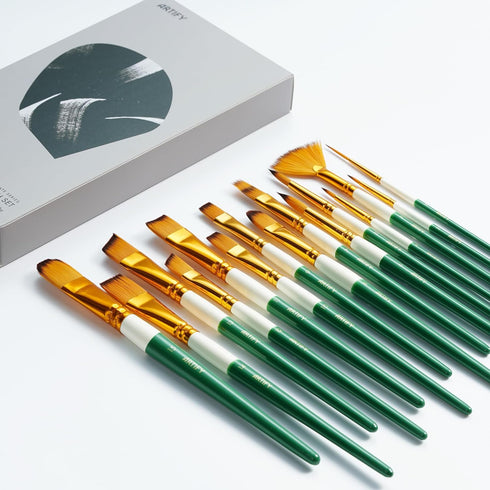 ARTIFY 2023 New Paint Brush Set, 15 Pcs Paint Brush Set for Acrylic Watercolor Oil and Gouache Painting - Green & White...