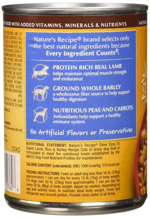Nature's Recipe Easy to Digest Wet Dog Food, Lamb, Rice & Barley Cuts in Gravy Recipe, 13.2 Ounce Can...