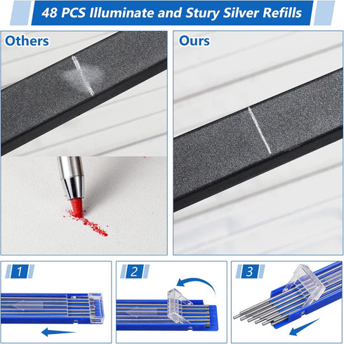 Hiboom 4 Pcs Welders Pencil with 48 Pcs Silver Round Refills, Mechanical Pencils Metal Marker with Built-in Sharpener for Pipe Fitter Welder Steel...