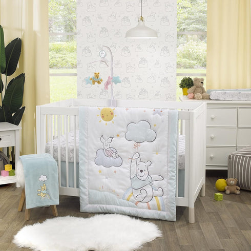Disney Winnie The Pooh Hello Sunshine Aqua Super Soft Baby Blanket with Multi Colored Rainbow & Cloud Applique, Aqua, Yellow, White...