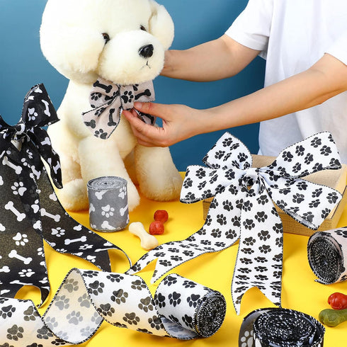 4 Rolls 26.4 Yard Paw Print Ribbon Dog Bone Wired Edge Ribbon Craft Wired Ribbon DIY Wrapping Ribbon for Halloween Christmas Handicraft Decor Part...