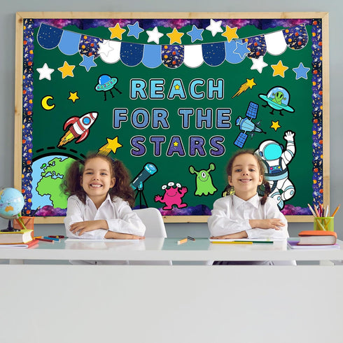 82Pcs Outer Space Bulletin Board Decoration Kit Astronauts Aliens Rockets Reach for The Stars Cutouts with Glue Points Space Theme Bulletin Board ...