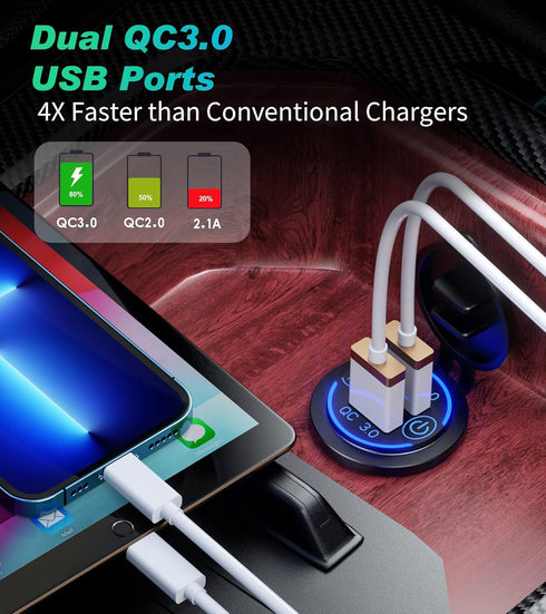2Pack Quick Charge 3.0 Dual USB Charger Socket, Waterproof 36W USB Outlet Fast Charge with Touch Switch & Blue LED DIY Kit for 12V/24V Car Boat Ma...