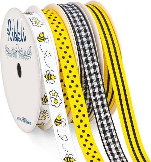 Ribbli Bumble Bee Ribbon,Bee/Polka Dots/Black Gingham/Yellow Black Stripe Ribbon Use for Hair Bows,Wreath,Gift Wrapping 3/8 Inch Total 120 Feets (...
