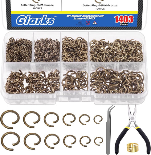 Glarks 1403Pcs 10mm 5mm 4mm 7mm 8mm Open Jump Rings Kit, Iron Round Ring Connectors Nickel Free Bronze O Rings for Jewelry Making Connectors and N...