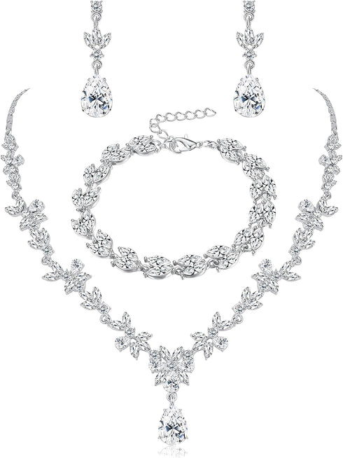 SAILIMUE Crystal Bridal Jewelry Set for Women Rhinestone Necklace Dangle Earrings Bracelet Jewelry Set for Wedding Bride Bridesmaid Gifts Party Pr...