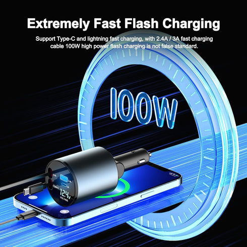 Car Charger 100W Super Fast Charging, 4-in-1 Retractable Car Charger, 180° Adjustable USB Car Charger, Car Charger Adapter with Voltage Display fo...