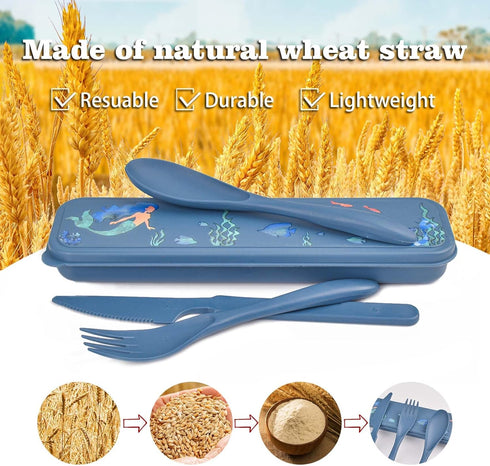 2 Sets Reusable Utensils Set with Case, Portable Camping Fork Knife Spoon Cutlery Set, Wheat Straw Travel Utensils, Tableware for Kids Adults Trav...