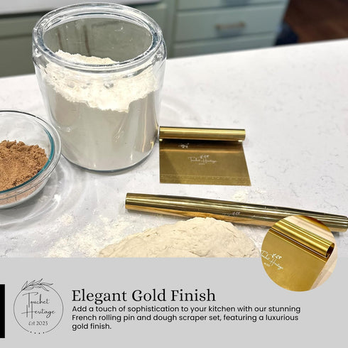 French Rolling Pin and Dough Scraper Set | Gold Bench Scraper Tool | Rolling Pin For Dough | Bread Making Accessories | Metal Bread Dough Cutter |...