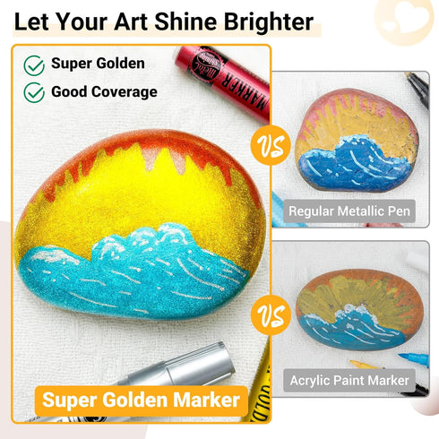 Super Golden Metallic Paint Markers, 12 Colors Sparkle Metallic Glitter Markers, Acrylic Paint Pens for Rock Painting, Glass, Wood, Fabric, Black ...
