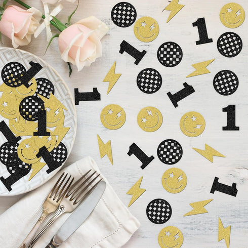 120pcs One Happy Dude Confetti Smile Face Checkered Lightning Table Decorations Boys 1st Birthday Party Baby Shower Hippie Party Supplies for DIY ...