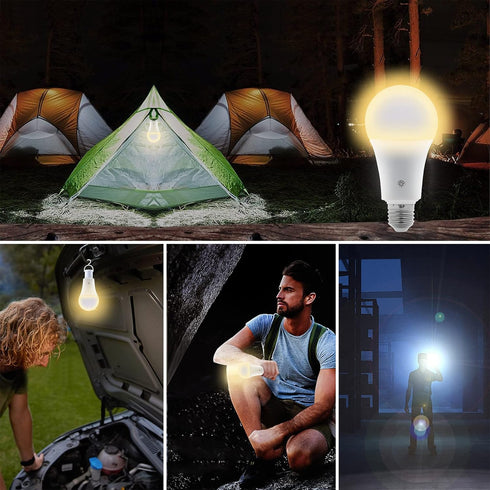 Texsens-Rechargeable-LED-Emergency-Light-Bulb, 7W 600LM 3000K E26 Battery Powered Lamp with Hooks & Remote Controller for Power Outage Camping Hur...