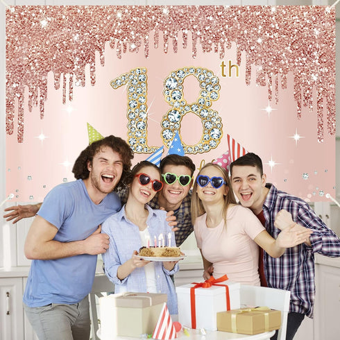 Sweet 18th Birthday Banner Backdrop Decorations for Girls, Rose Gold 18 Birthday Party Sign Supplies, Pink 18 Years Old Birthday Poster Background...
