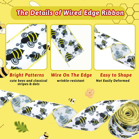KIMOBER 4 Rolls Bumble Bee Ribbon, Yellow Honeybee Wired Edge Burlap Ribbon for Wreaths,Gift Wrapping,Spring Summer Party Decoration(2.5in × 6.5Ya...