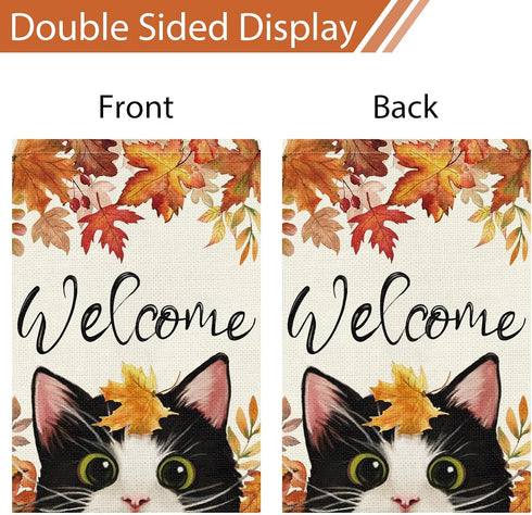 Welcome Fall Garden Flag 12 x 18 Inch Vertical Double Sided Burlap, Autunm Cute Cat Garden Yard Flags for Yard Thanksgiving Holiday Outside Outdoo...