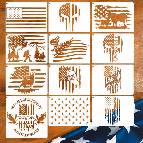 12pcs American Flag Stencil Star Stencils for Painting Union 50 Stars 1776 Military We The People Template for Flag Patriotic Wood Burning Stencil...