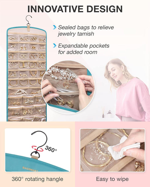 BAGSMART Hanging Jewelry Organizer, Necklace Holder Anti-tangle Earrings Rings Hanger with 20 Jewelry Bags Travel Storage Roll with Pockets Hang o...