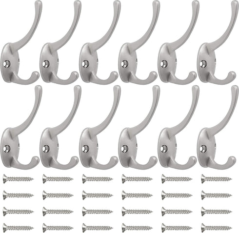 IBosins 12 Pack Silver Coat Hooks Wall Mounted with 24 Screws Retro Double Hooks Utility Silver Hooks for Coat, Scarf, Bag, Towel, Key, Cap, Cup, ...