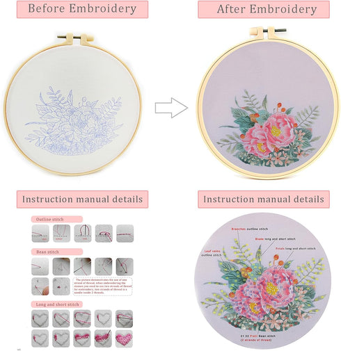 FOXTEMO Embroidery Kit for Beginners Adults, 1 Pack 20CM Embroidery Hoops, Flowers Embroidery Pattern Beginner Embroidery Kit with Needles and Thr...