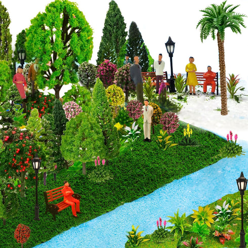 Model Scenery Kit, Painted Figures, Model Train Scenery, 47pcs, Miniature Trees, Model Trees, Model Grass Mat for Miniature Scene Landscape...