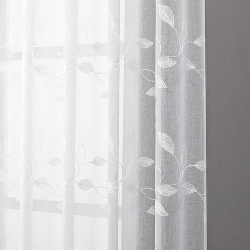 Tollpiz White Leaf Sheer Tier Curtain Leaves Embroidered Kitchen Curtains Rod Pocket Voile Bathroom Window Treatment for Cafe, 30 x 36 inches Long...