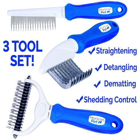 Ultimate Pet Dematting & Deshedding Set - 3 in 1 Grooming Tool Set - Dual Sided Undercoat Rake, Dematting Razor Comb & Detangling Pet Comb...
