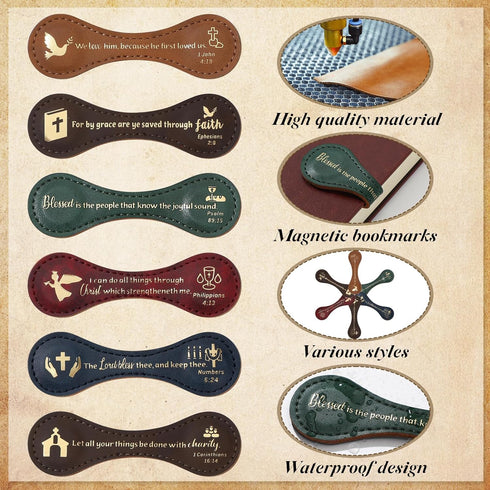 6 Pieces Christian Magnetic Book Markers Leather Magnetic Bible Bookmarks Inspirational PU Leather Magnetic Scripture Bookmarks Religious Book Mar...