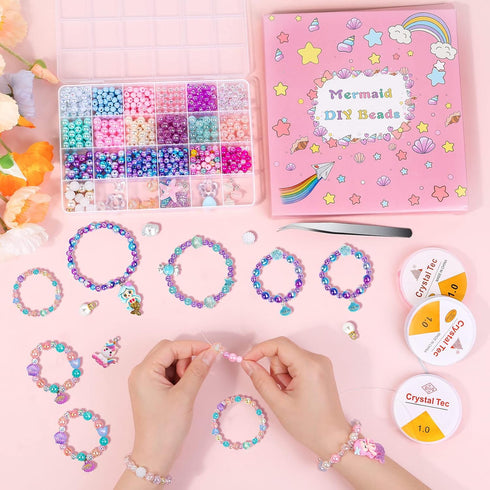 Qinzave 802Pcs Bracelet Making Kit for Girls Mermaid Beads for Jewelry Making Assorted Sizes 6mm 8mm Jewelry Making Kit with Mermaid Shell Pendant...