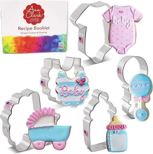 Baby Shower Cookie Cutters 5-Pc. Set Made in the USA by Ann Clark, Onesie, Bib, Rattle, Baby Bottle, Baby Carriage...