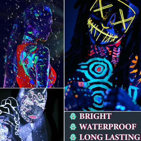 6 Pcs Glow in Dark Face Body Paint,Neon Fluorescent Blacklight Glow Face Makeup Set,Washable & Quicker Dry Neon Face Body Paint for Party Supplies...