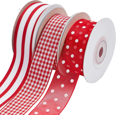 Fabric Ribbons Red and White Plaid Ribbon for Crafts, Grosgrain Striped Ribbon for Gift Wrapping, 1 Inch Organza Polka Dot Ribbon, 30 Yard...