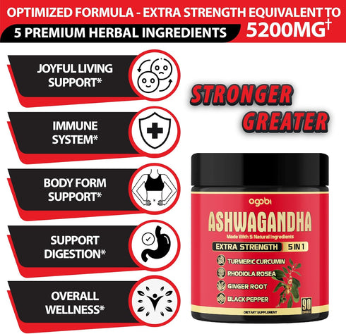 12:1 Extract Ashwagandha Capsule Supplement - 3-Month Supply for 90 Counts - Curcumin Turmeric Root, Rhodiola Rosea Root, Ginger Root & Black Pepp...