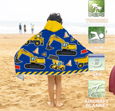 Kids Beach Towel With Hood - Excavators Vehicles Engineering Theme for Boys Girls, Microfiber Soft Bath Poncho Bathrobe Wrap Robe for Swim Pool - ...
