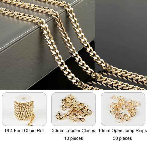 Jabogrii 5 Meters Gold Plated Aluminum Jewelry Making Chains Curb Cuban Chain for Jewelry Making DIY Craft Chain Jewelry Findings...