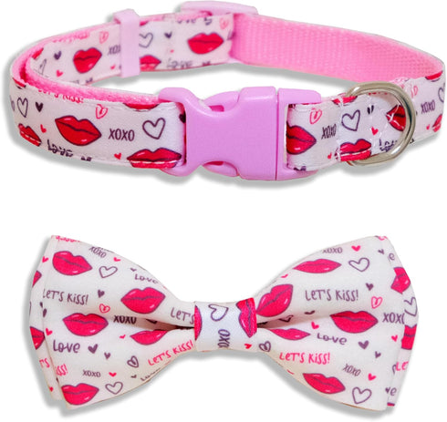 Valentine Dog Bow Tie Collar, Holiday Let's Kiss and XOXO Collar for Large Medium Small Pets Puppies (Medium-(12.5-20") Neck * 3/4" Wide, Let Kiss...