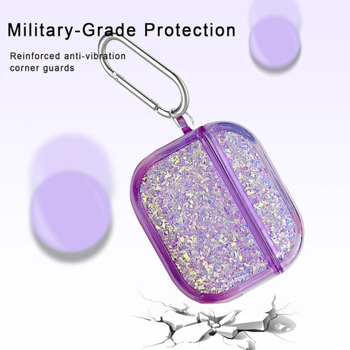 Purple Silver foil Glitter for AirPods 3 Case 3st Generation Cover Clear 2021, Cute Flower Pendant, Cleaning Pen Kit, Soft TPU Silicone Protective...